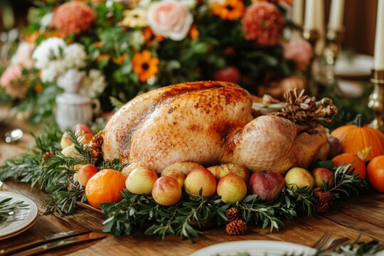 Roasted Turkey With Fruits And Flowers On Holiday Table