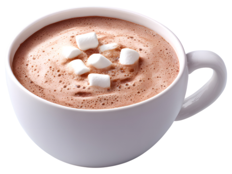 Minimal white cup of cocoa drink isolated on transparent background, symbolizing warmth and sweetness.