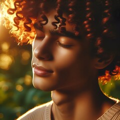 “Curly red hair shining in the breeze, soft background, warm golden light.”