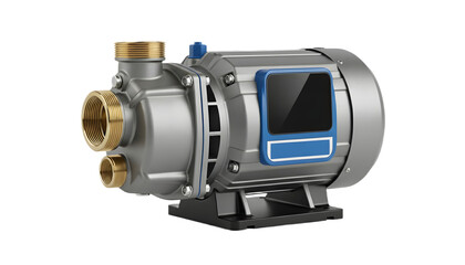 Close up of a gray and gold water pump on a black base isolated on transparent background