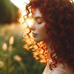 “Curly red hair shining in breeze, soft background, warm golden light.”