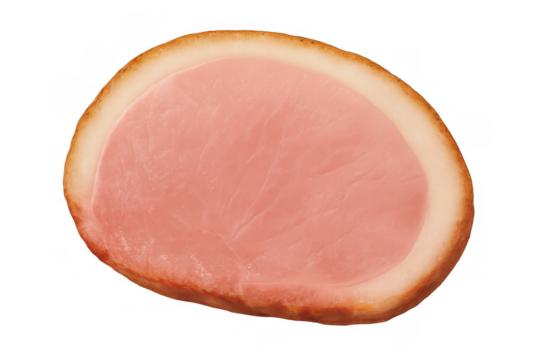 Ham slice with a browned edge and lean pink meat, isolated on a transparent background, ready for use