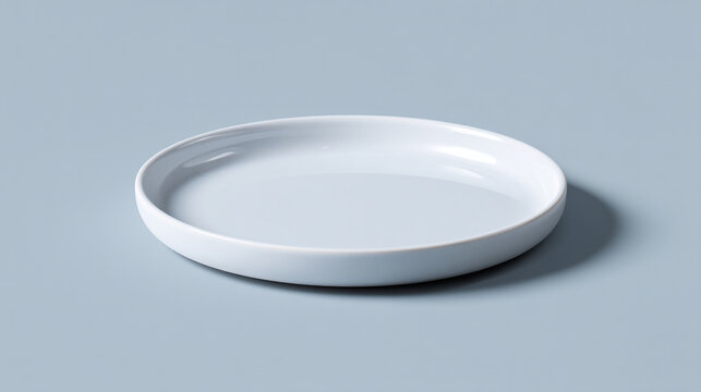 A minimalist white ceramic plate on a light gray surface casting a soft shadow to the right side
