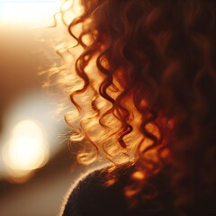 “Curly red hair shining in breeze, soft background, warm golden light.”