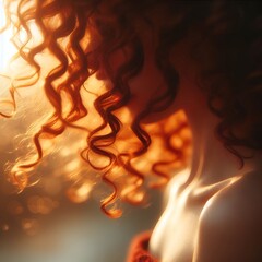 “Curly red hair shining in breeze, soft background, warm golden light.”