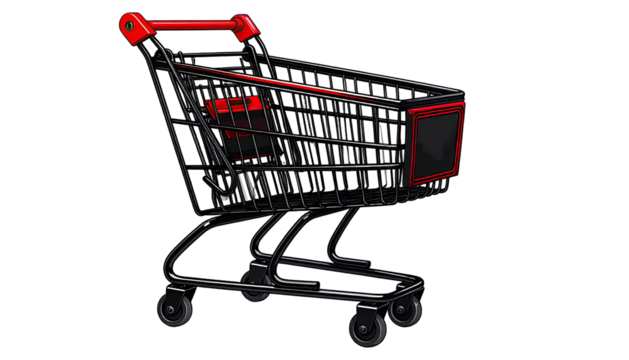 Black shopping cart with red accents, facing right side view