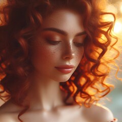 “Curly red hair shining in breeze, soft background, warm golden light.”