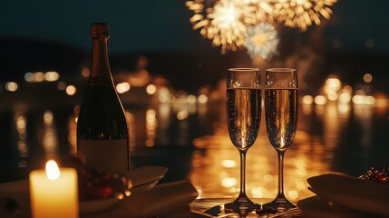 Romantic evening with champagne glasses and fireworks in the background, celebrating a special occasion, night scene