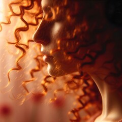 “Curly red hair shining in breeze, soft background, warm golden light.”