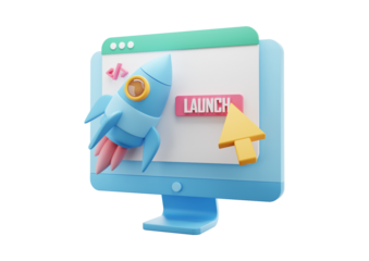 3d render of computer with rocket launch isolated on transparent background