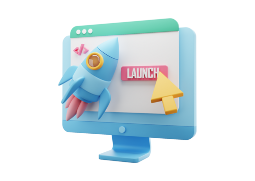3d render of computer with rocket launch isolated on transparent background