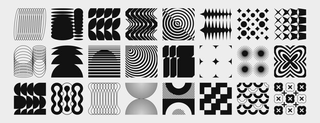 Brutalist y2k shape collection with abstract geometric elements in black and white. Vector set of circles and zigzags, stripes and spirals, wavy lines and brutalism inspired forms for modern design.