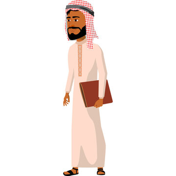 Man Wearing Traditional Arab Thobe and Ghutra Holding a Book in a Standing Pose Against a White Background