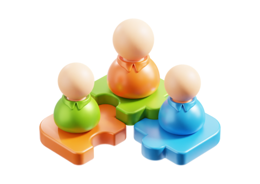 Wooden toy figures standing on puzzle pieces isolated on transparent background - Powered by Adobe