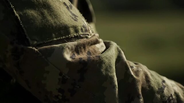 Soldier's camouflage uniform detail showing pocket with button and stitched flap in sunlight, close-up shot of military apparel fabric with detailed texture and pattern