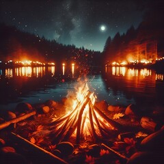 “Cozy bonfire by lakeside, reflections, dark sky, bright celebration.”
