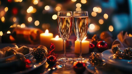 Festive champagne toast with candles and christmas decorations creating a warm and inviting holiday atmosphere