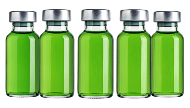 Five vials filled with glowing green liquid, caps gleaming