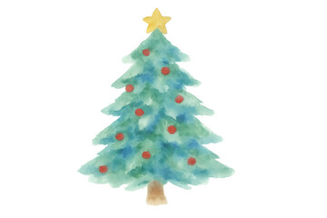 Fototapeta premium Festive holiday spruce standing decorated with red baubles and a yellow star. Transparent background