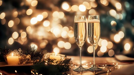 Festive champagne toast with candles and christmas decorations creating a warm and inviting holiday atmosphere