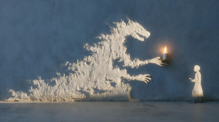 "Fantasy creature offers candle to child on dark wall," "Shadow monster art holding candle toward small figure," "Surreal scene with shadow beast and glowing light"