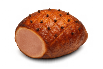 Whole glazed roasted ham with clove studs and score marks, a traditional holiday main course for festive meals, isolated