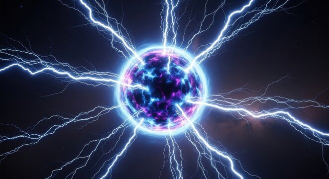 Abstract Cosmic Energy Sphere with Lightning Bolts Emanating