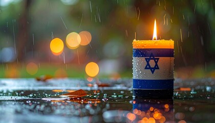 Israeli flag candle on wet ground with raindrops, fallen leaves, and warm bokeh lights in solemn outdoor scene.