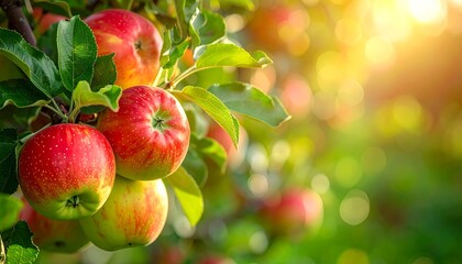 Obraz premium Ripe red apples hang on a tree branch with green leaves, illuminated by warm, bokeh-filled sunlight
