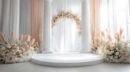 Elegant wedding ceremony archway, floral decor, indoor venue