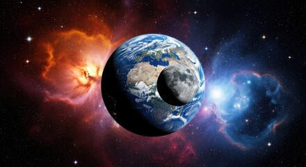 Naklejka premium Our Planet Earth and Moon in Cosmic Nebula