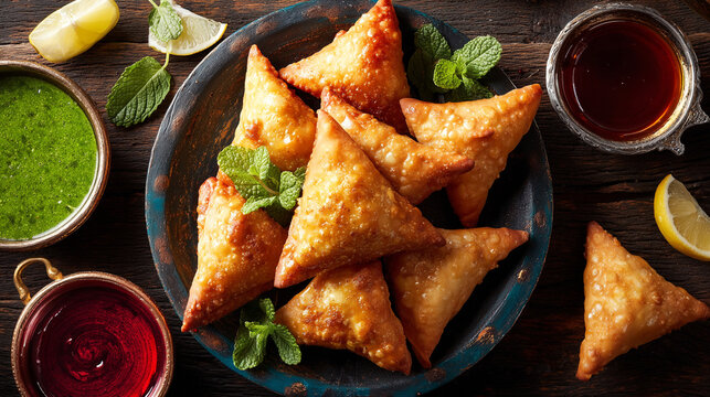 A top view of samosas on a plate with mint leaves and sauces on a wooden surface for a delicious meal