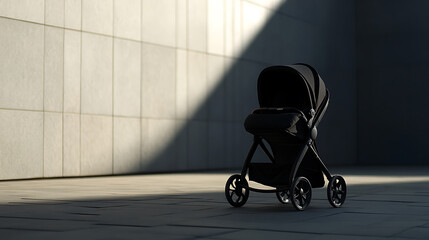Sleek black stroller casting shadows, set against a textured wall under natural light. Modern minimalism captures the essence of urban parenthood and design.