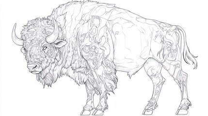 Fototapeta premium Bison sketch showing lines of fur, horns, and detailed patterns on its side