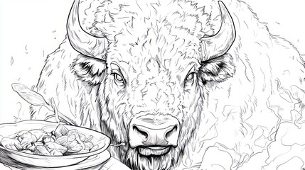 Fototapeta premium Bison portrait, food on table, wildlife art, animal illustration, fine art, for print, poster, book cover