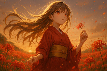 夕暮れの彼岸花畑に佇む和服の美少女　―幻想的な秋のアニメイラスト―