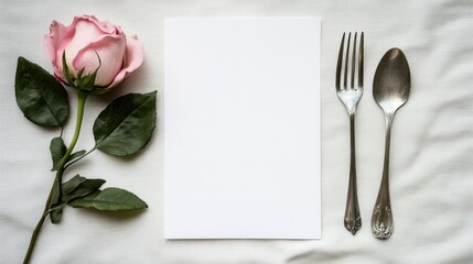 Romantic dinner rose, blank menu, cutlery on linen