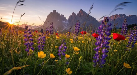 Vibrant Alpine Meadow at Sunset with Majestic Mountain Peaks and Wildflowers.