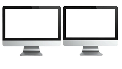 Two silver desktop computers with blank white screens side-by-side