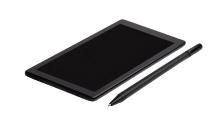 Black tablet and stylus pen on a dark surface for digital art and design work on transparent background