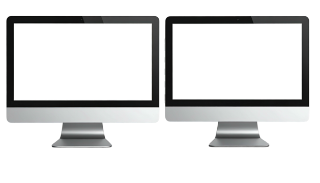 Two silver desktop computers with blank white screens side-by-side