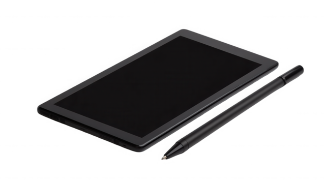 Black tablet and stylus pen on a dark surface for digital art and design work on transparent background