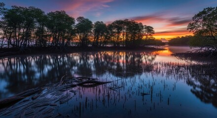 A serene waterscape reflects a vibrant sunset over a line of mangrove trees