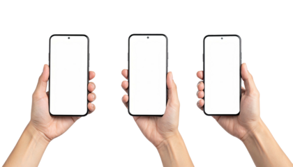 Three hands hold phones with blank screens on black background