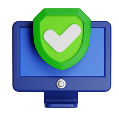 Computer monitor displaying shield with check mark icon
