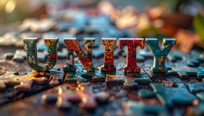 Unity text stands out on a jigsaw puzzle, symbolizing teamwork and collaboration in achieving common goals, fostering a sense of togetherness and shared purpose.
