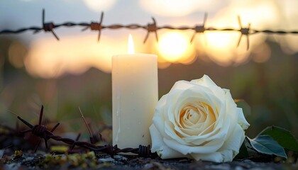 Candle and white rose rest near barbed wire fence at sunset, symbolizing remembrance and hope amidst adversity during a memorial event.