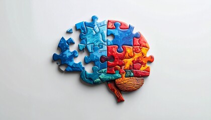 Brain puzzle shows cognitive function with colorful pieces on white surface representing intelligence, memory, and problemsolving in a creative and conceptual way.
