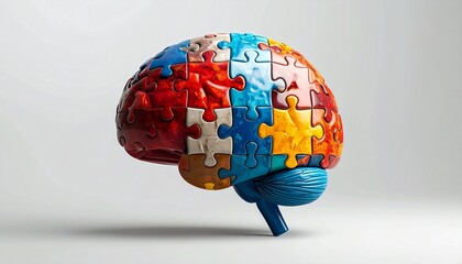 Human brain constructed from colorful jigsaw puzzle pieces representing creativity, problemsolving, and mental health on a clean, bright surface, symbolizing intelligence.