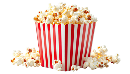 Full striped red and white popcorn container spilling some out